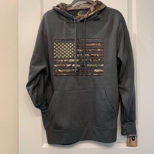NWT Mossy Oak Dark Gray Hoodie with Camo Flag Design Medium
